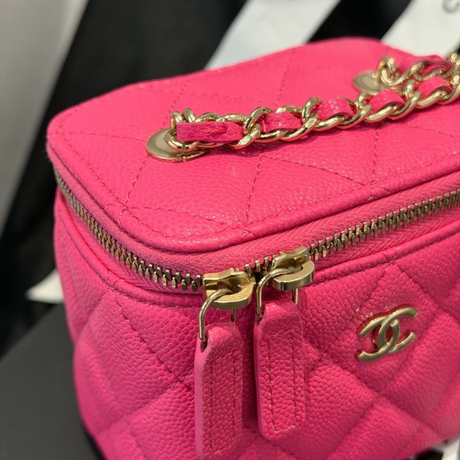 Chanel香奈兒23S 粉色荔枝皮mini 盒子包化妝包單肩斜挎包 鏡子膜在 23年芯片款-8