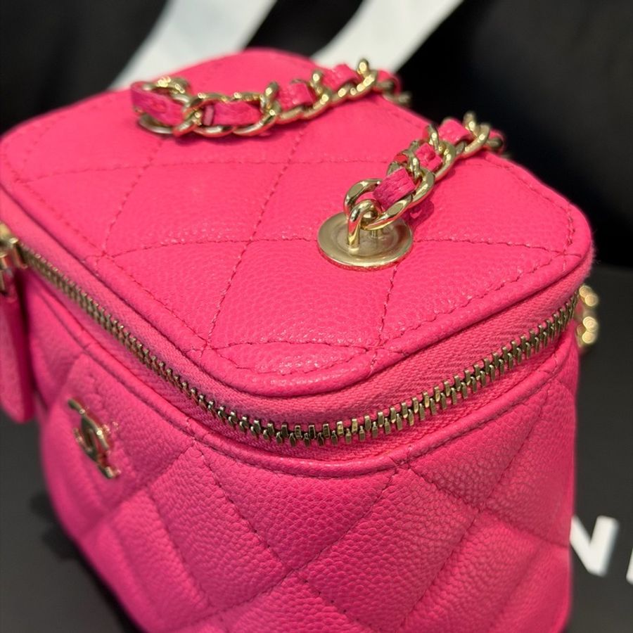Chanel香奈兒23S 粉色荔枝皮mini 盒子包化妝包單肩斜挎包 鏡子膜在 23年芯片款-9