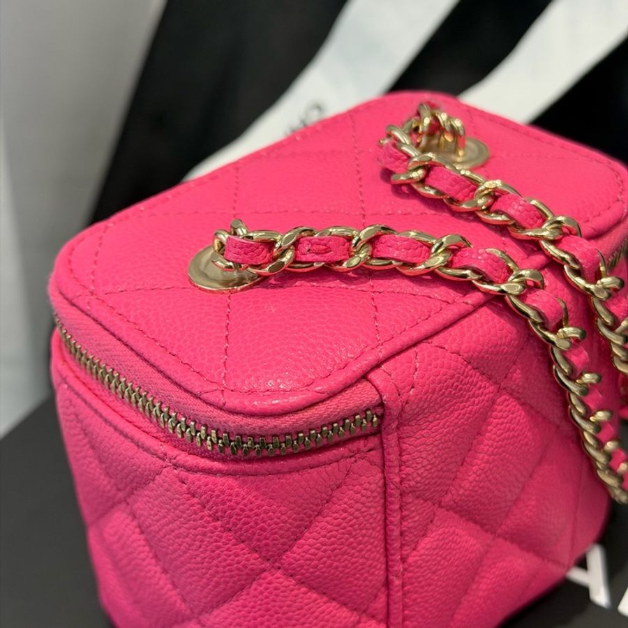 Chanel香奈兒23S 粉色荔枝皮mini 盒子包化妝包單肩斜挎包 鏡子膜在 23年芯片款-10