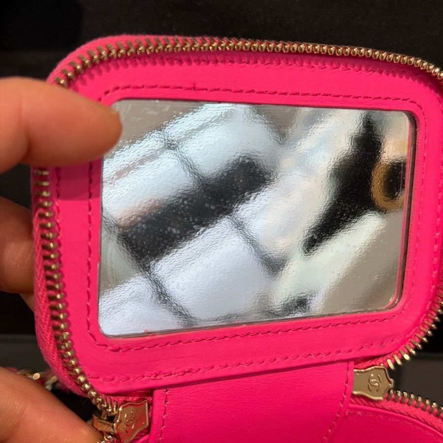 Chanel香奈兒23S 粉色荔枝皮mini 盒子包化妝包單肩斜挎包 鏡子膜在 23年芯片款-13