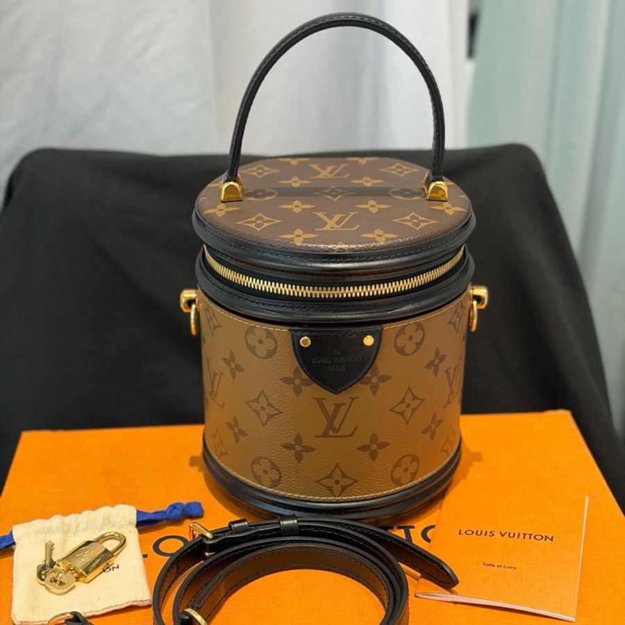99新 LV/路易威登 CANNES 老花黑邊發財桶手提斜挎包圓桶水桶包,芯片-0