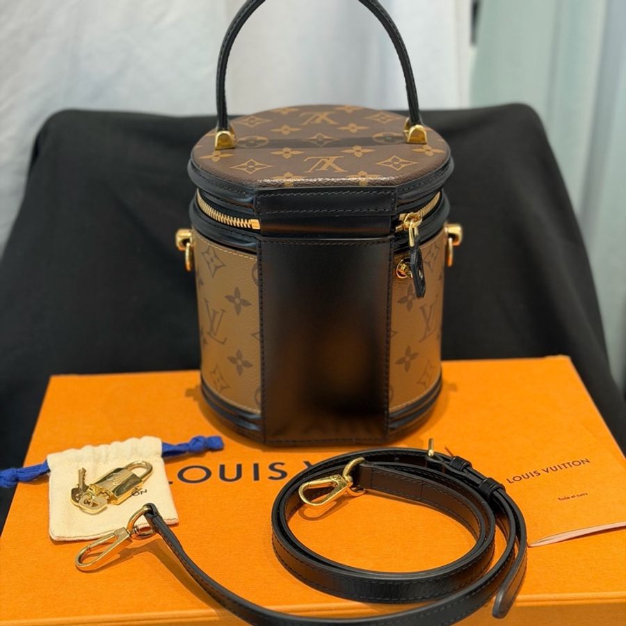 99新 LV/路易威登 CANNES 老花黑邊發財桶手提斜挎包圓桶水桶包,芯片-1