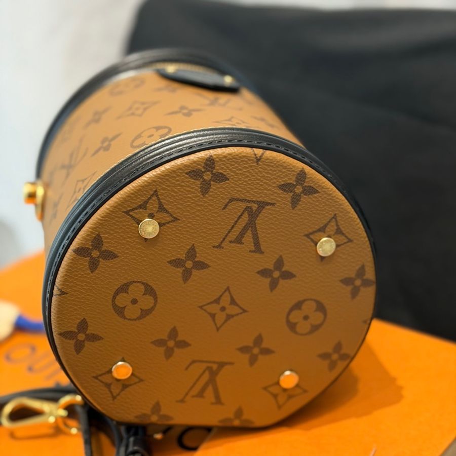 99新 LV/路易威登 CANNES 老花黑邊發財桶手提斜挎包圓桶水桶包,芯片-2