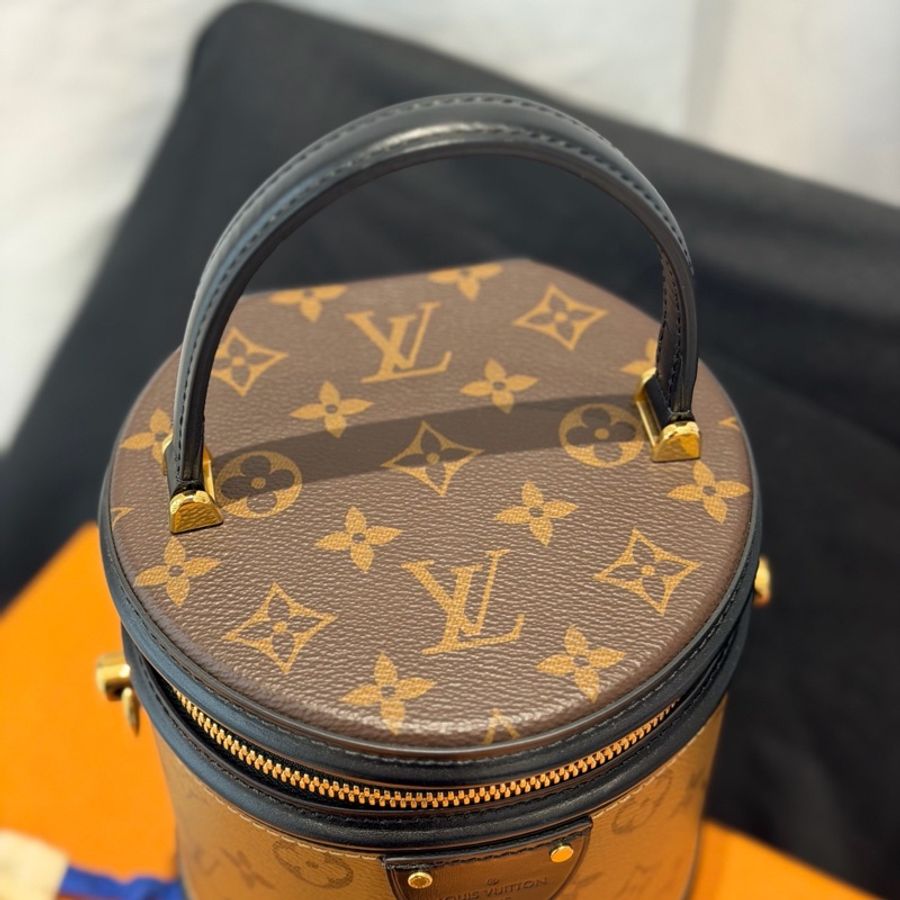 99新 LV/路易威登 CANNES 老花黑邊發財桶手提斜挎包圓桶水桶包,芯片-3