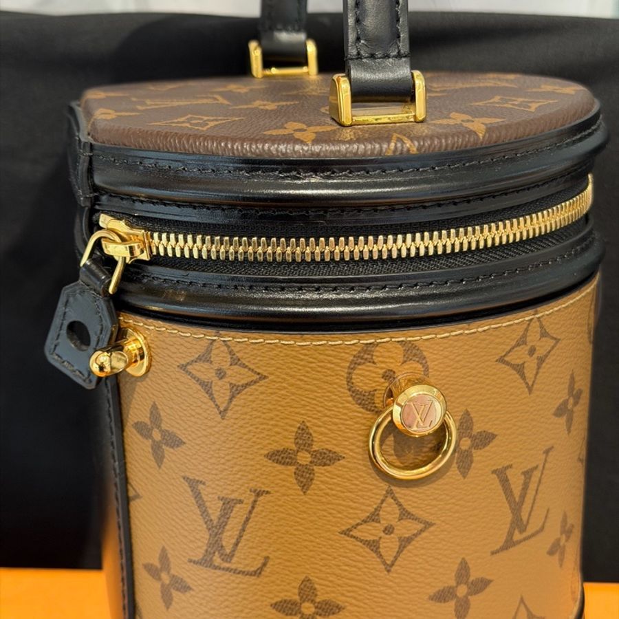99新 LV/路易威登 CANNES 老花黑邊發財桶手提斜挎包圓桶水桶包,芯片-4