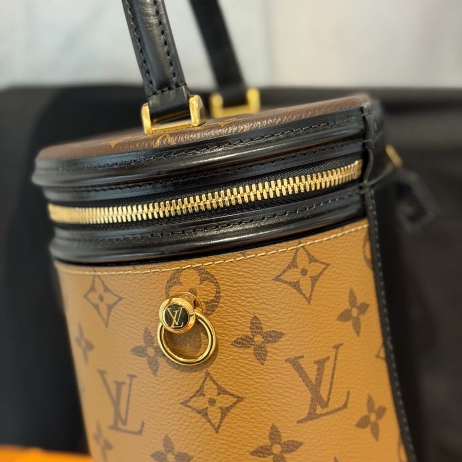 99新 LV/路易威登 CANNES 老花黑邊發財桶手提斜挎包圓桶水桶包,芯片-6