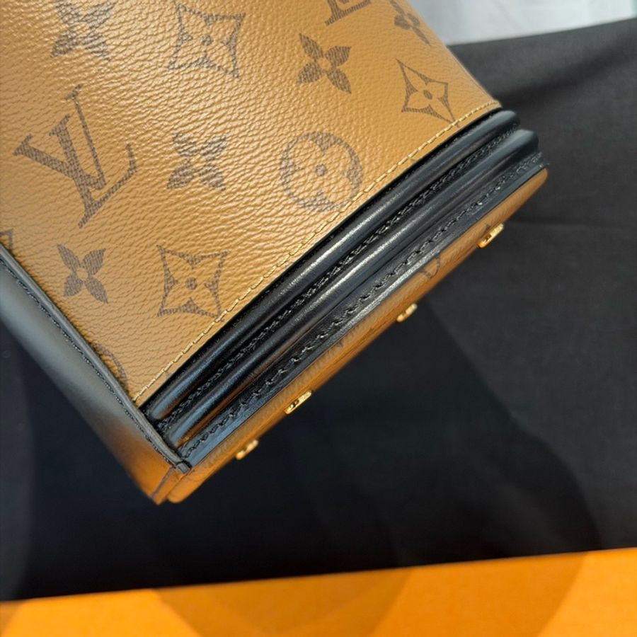 99新 LV/路易威登 CANNES 老花黑邊發財桶手提斜挎包圓桶水桶包,芯片-9