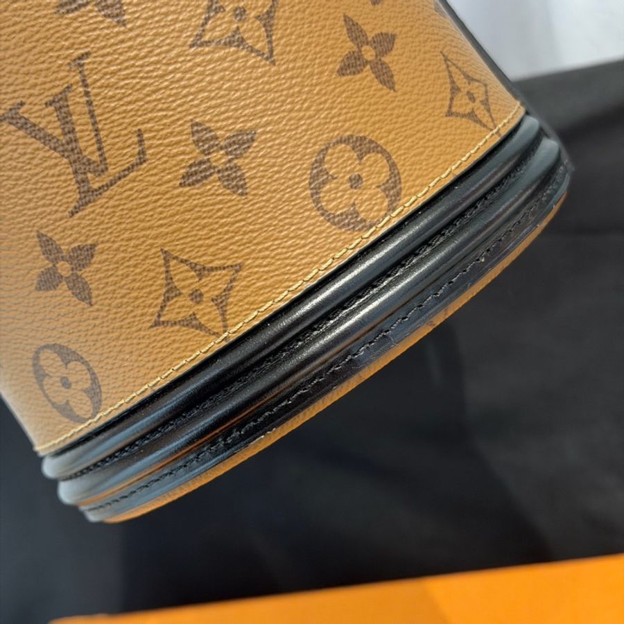 99新 LV/路易威登 CANNES 老花黑邊發財桶手提斜挎包圓桶水桶包,芯片-11