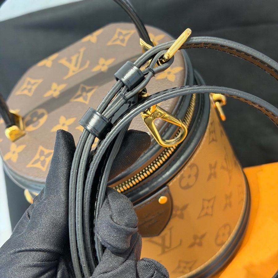 99新 LV/路易威登 CANNES 老花黑邊發財桶手提斜挎包圓桶水桶包,芯片-15