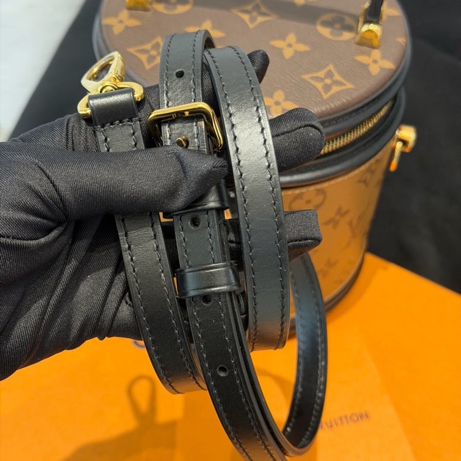 99新 LV/路易威登 CANNES 老花黑邊發財桶手提斜挎包圓桶水桶包,芯片-16