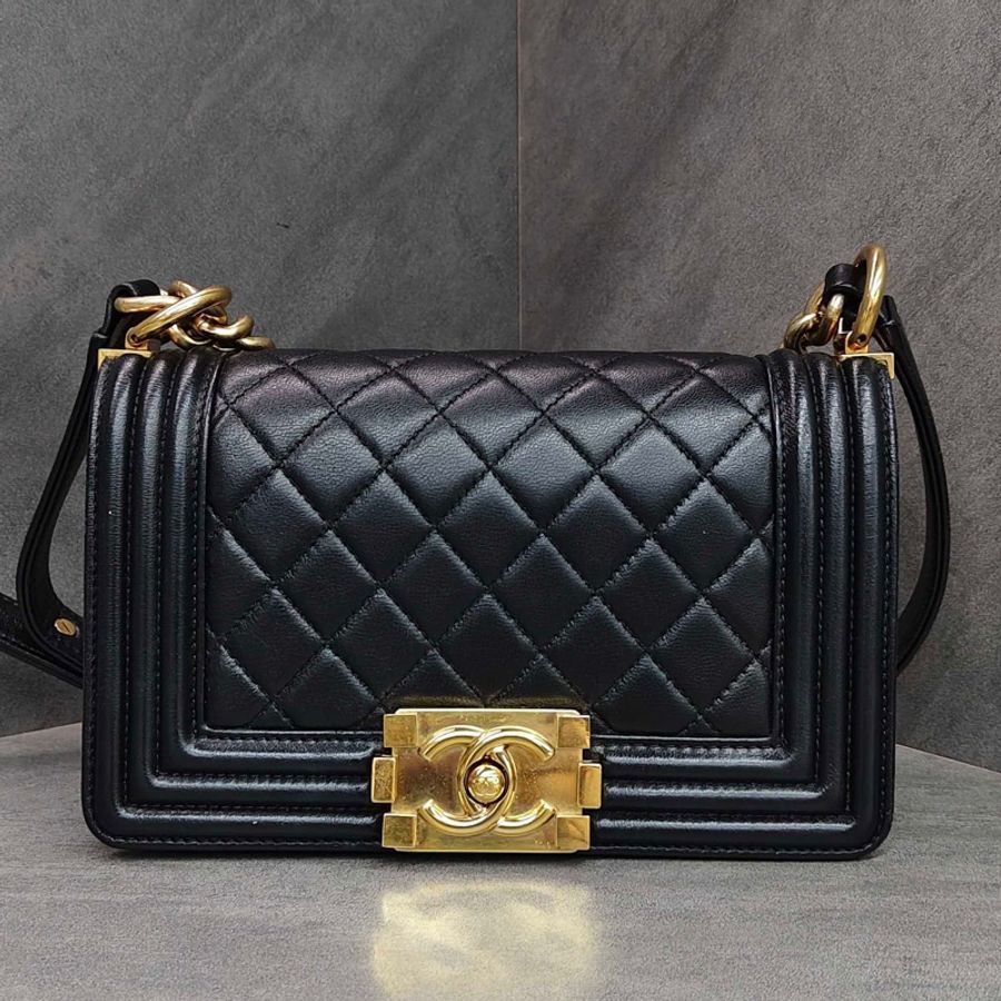 CHANEL+香奈兒++leboy+黑金菱格紋牛皮金扣鏈條包單肩包23開不帶卡-0