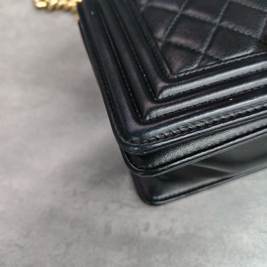 CHANEL+香奈兒++leboy+黑金菱格紋牛皮金扣鏈條包單肩包23開不帶卡-5