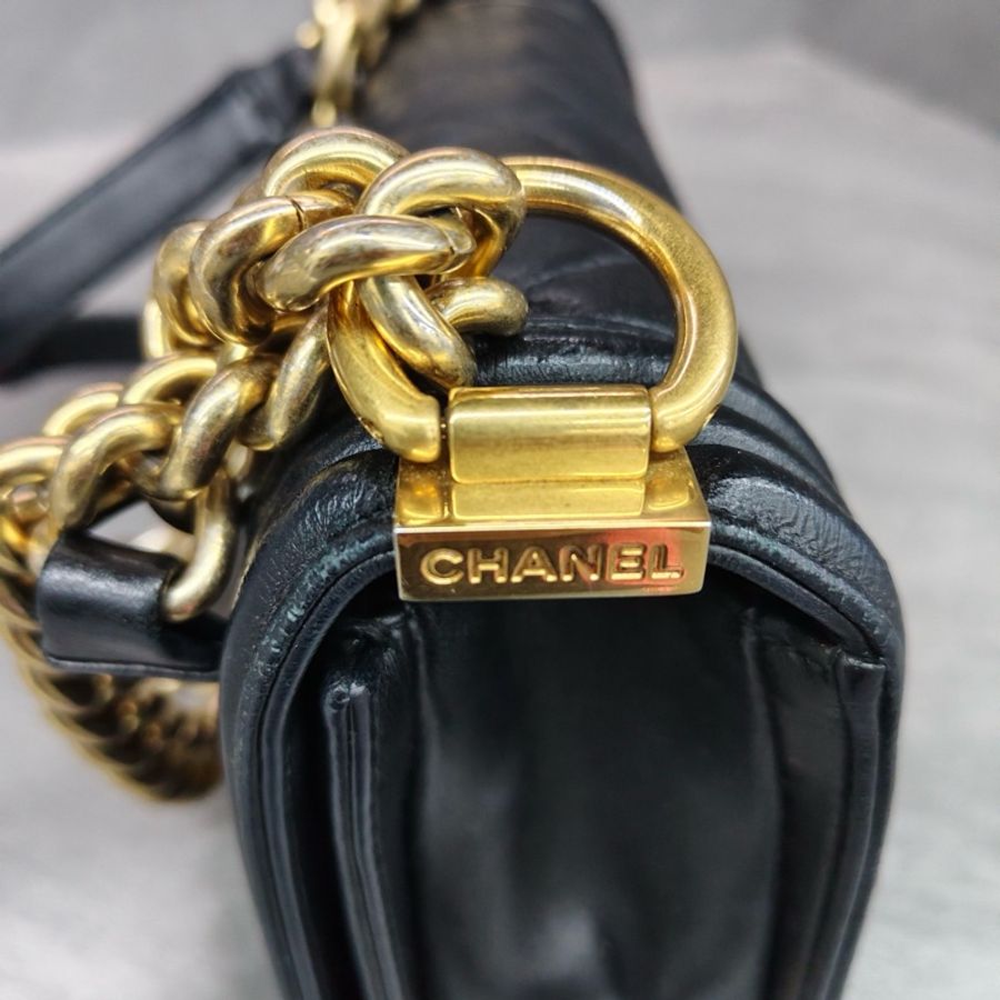 CHANEL+香奈兒++leboy+黑金菱格紋牛皮金扣鏈條包單肩包23開不帶卡-9