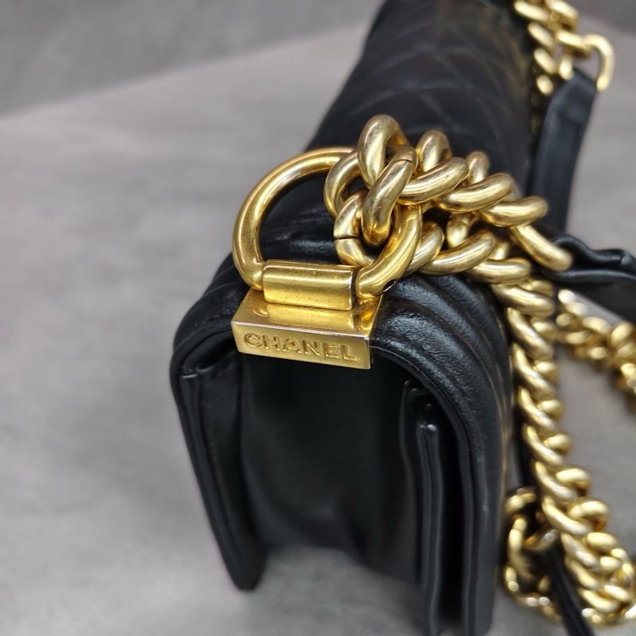 CHANEL+香奈兒++leboy+黑金菱格紋牛皮金扣鏈條包單肩包23開不帶卡-10