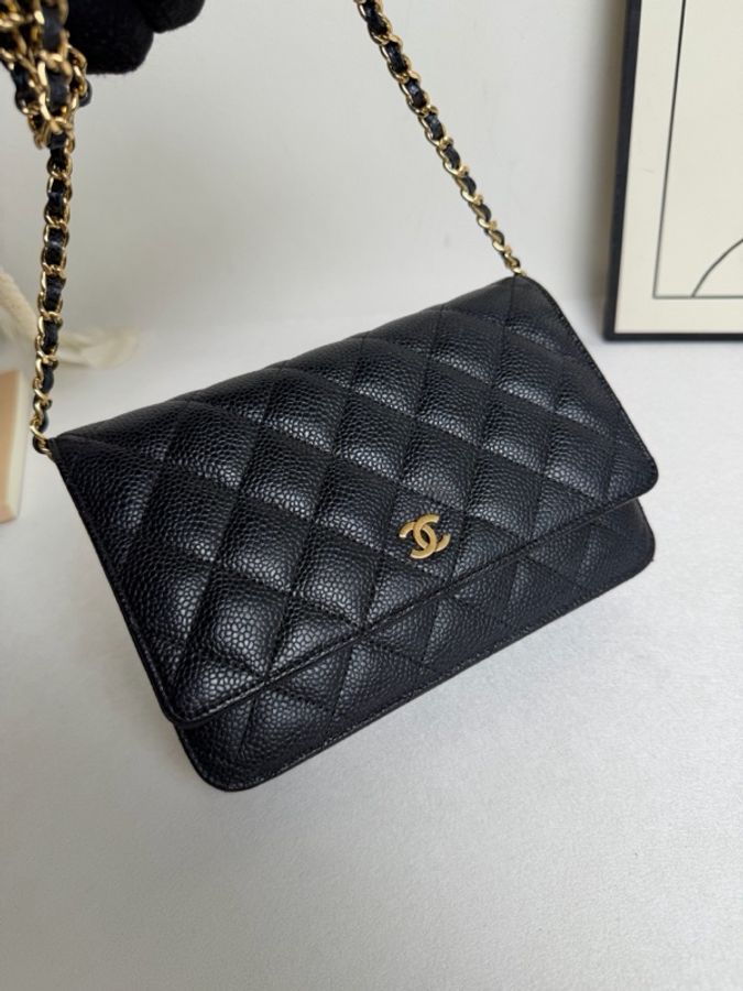 Chanel香奈兒 黑金荔枝紋牛皮 woc發財鏈條包 單肩斜挎包-3