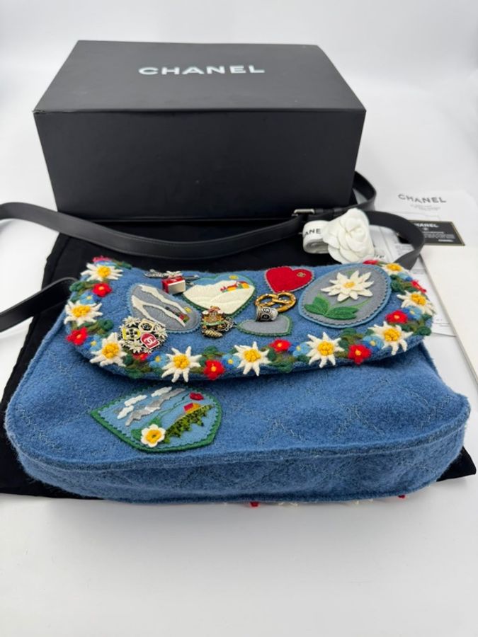 Chanel 2015/16 Wool Felt Heart Alpine Patches and Charms Blue Flap Bag-1