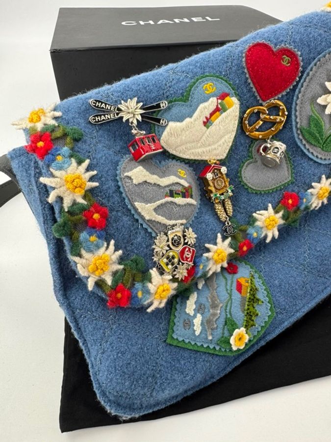 Chanel 2015/16 Wool Felt Heart Alpine Patches and Charms Blue Flap Bag-3