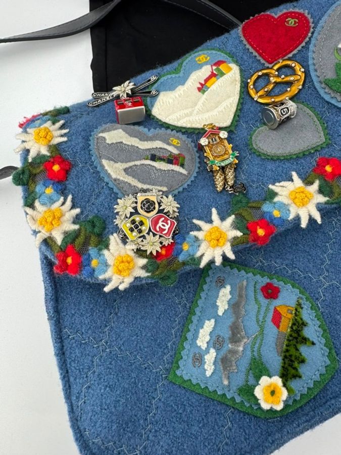 Chanel 2015/16 Wool Felt Heart Alpine Patches and Charms Blue Flap Bag-4
