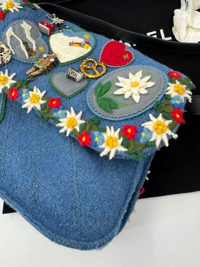Chanel 2015/16 Wool Felt Heart Alpine Patches and Charms Blue Flap Bag-5