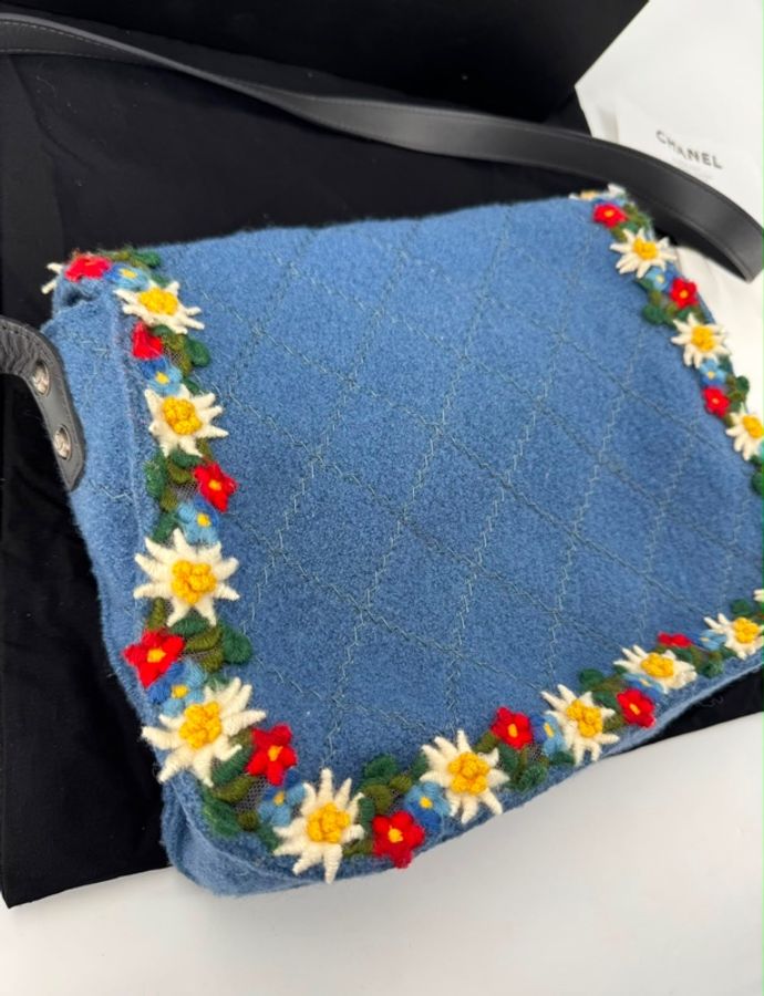 Chanel 2015/16 Wool Felt Heart Alpine Patches and Charms Blue Flap Bag-12