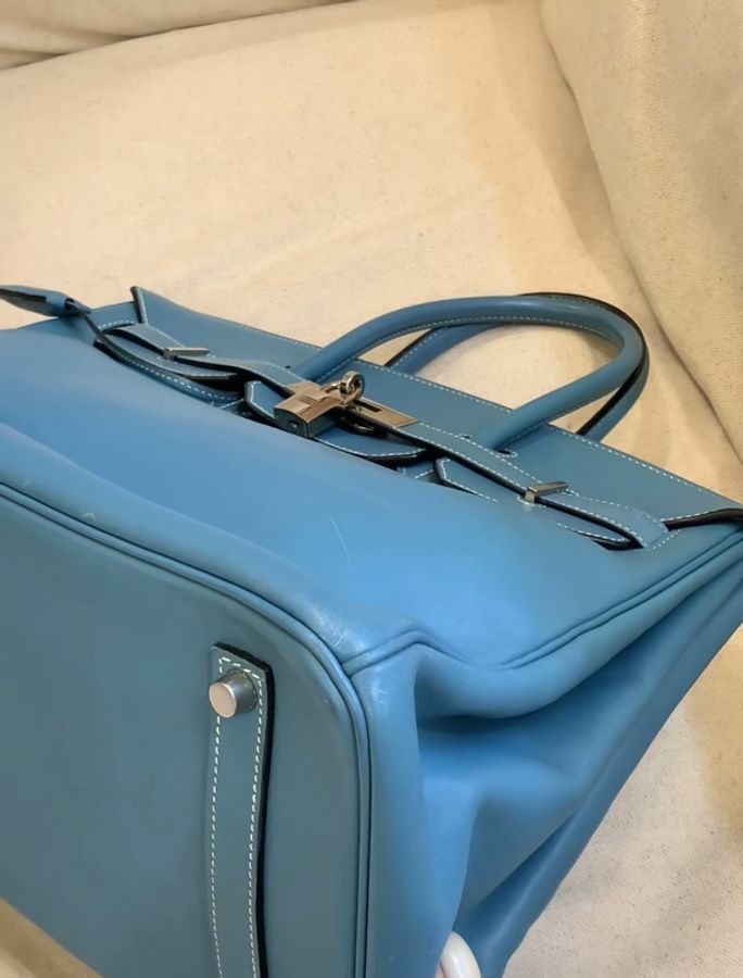 Hermes 愛馬仕birkin35牛仔藍銀扣 S皮 框K刻-4