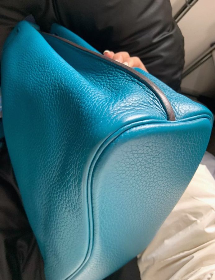 愛馬仕 Sokelly 26 孔雀藍 內里拼坦桑藍 框O刻-7