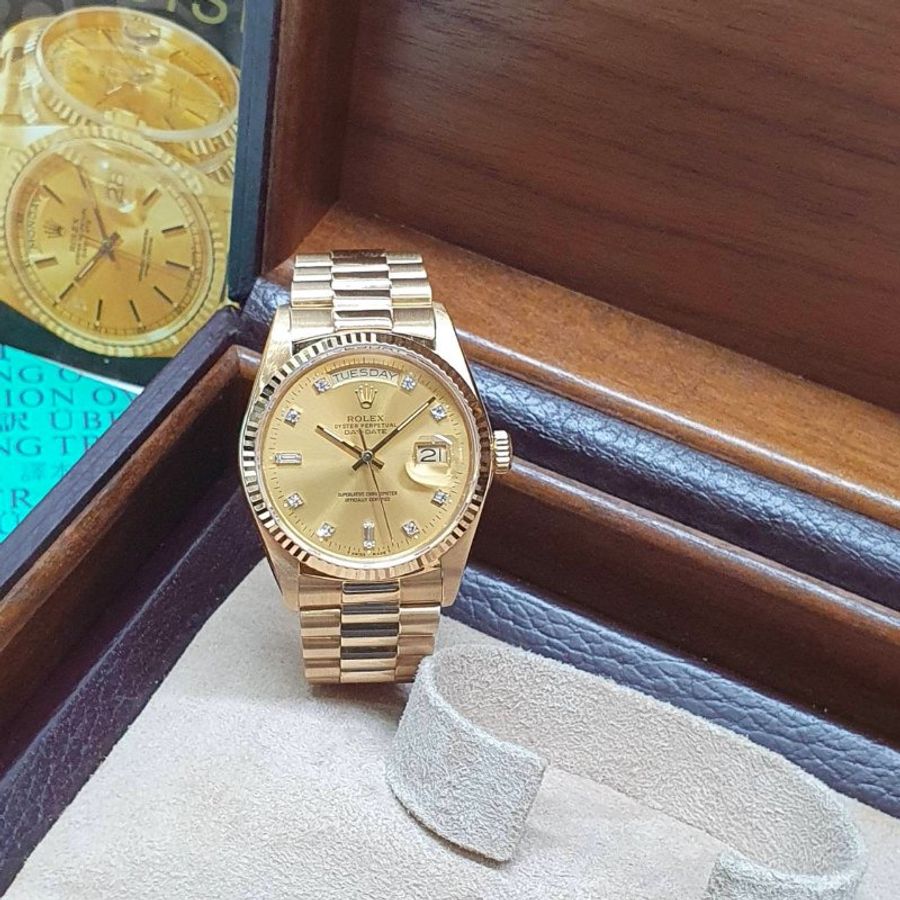 【大眾名錶】ROLEX 勞力士18038 Day-Date 蠔式18K 紅蟳款 金色6.9T鑽面盤 錶徑36mm 自動上鍊 大眾名錶B1484-1