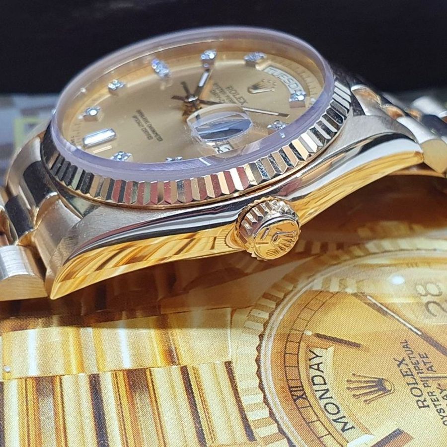 【大眾名錶】ROLEX 勞力士18038 Day-Date 蠔式18K 紅蟳款 金色6.9T鑽面盤 錶徑36mm 自動上鍊 大眾名錶B1484-6