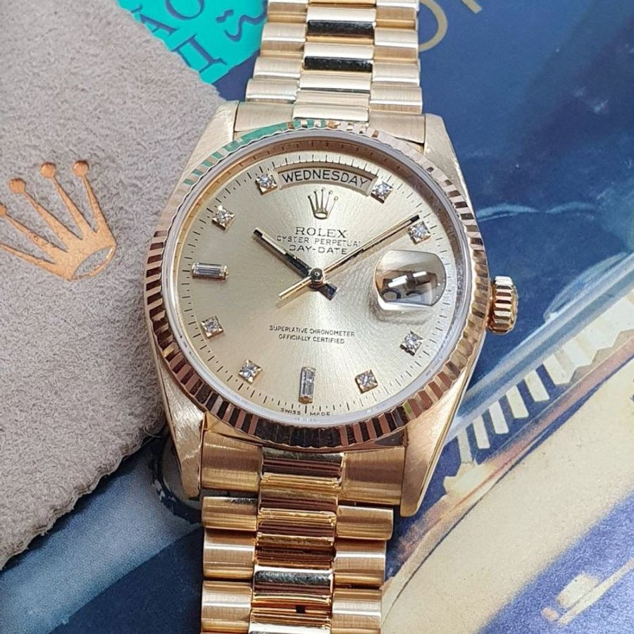 【大眾名錶】ROLEX勞力士 18038 Day-Date 18K金 蠔式金錶 金色6.9T鑽面盤 大眾名錶G376-5