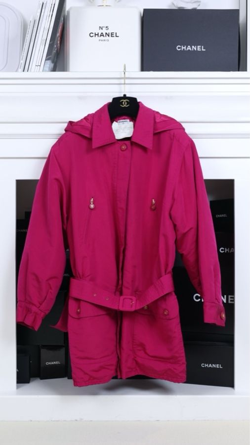 Chanel 94年可拆卸连帽玫紫色收腰棉服风衣外套-0