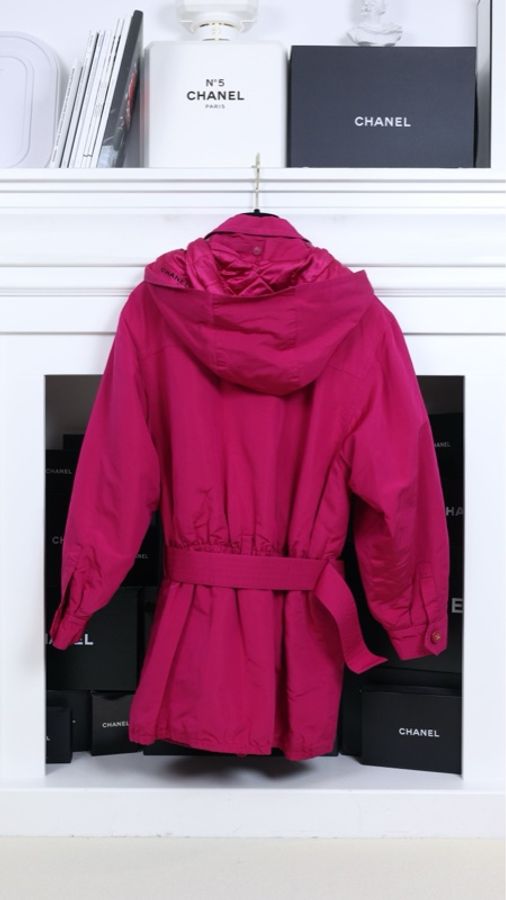 Chanel 94年可拆卸连帽玫紫色收腰棉服风衣外套-1