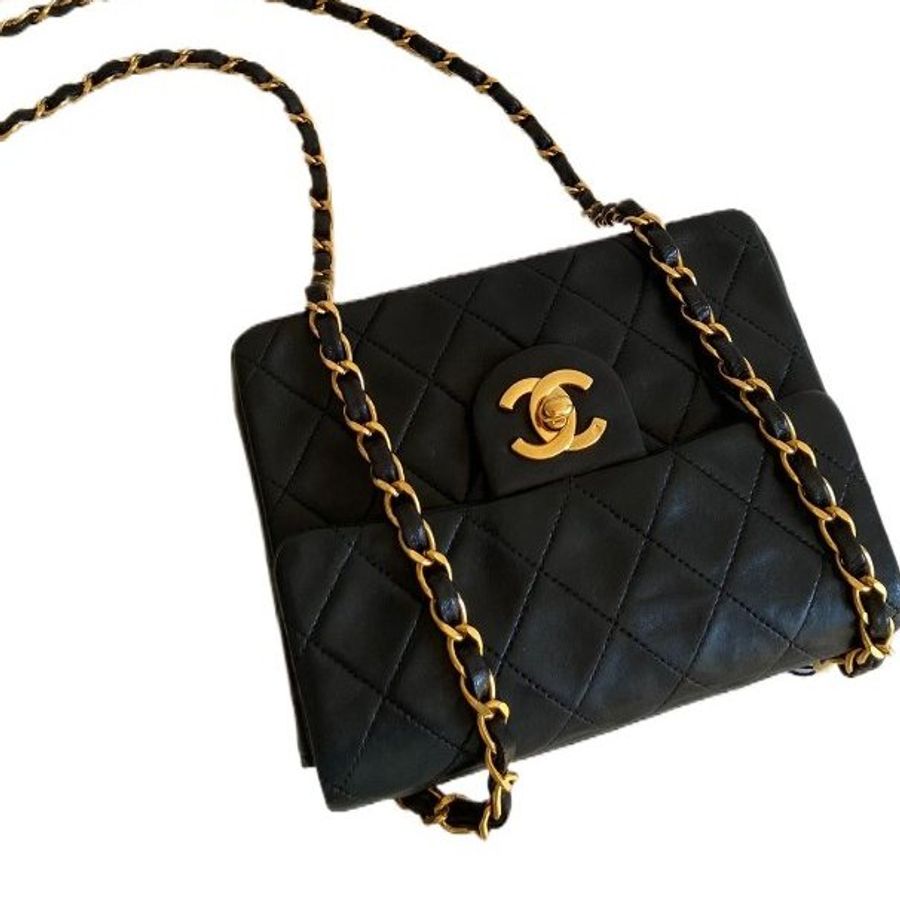 Chanel香奈黑金兒菱格紋雙C 扣方胖子鏈條包-6