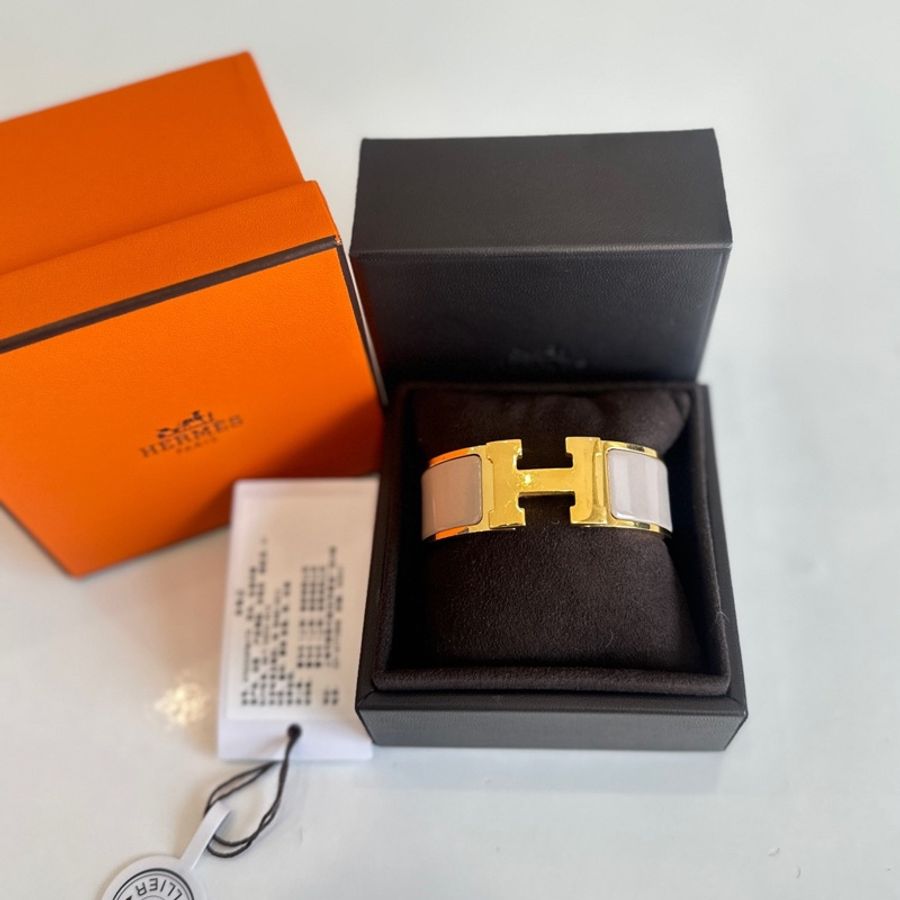 HERMES愛馬仕Clic H奶茶琺瑯金屬手環寬版~腕圍16cm~-0