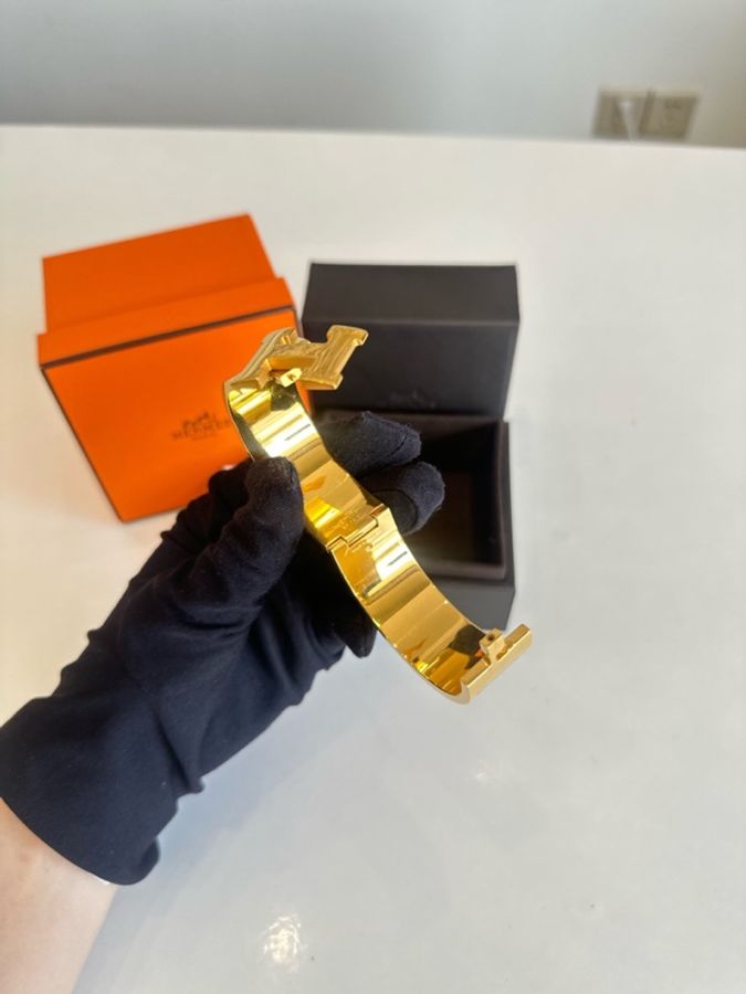 HERMES愛馬仕Clic H奶茶琺瑯金屬手環寬版~腕圍16cm~-4