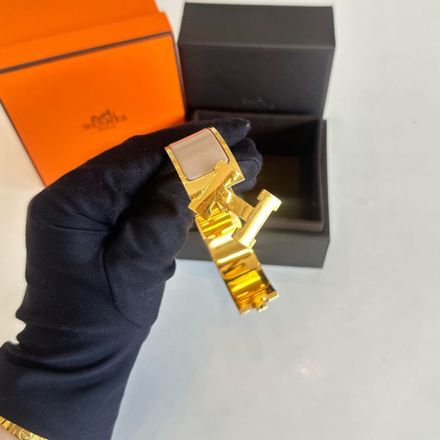 HERMES愛馬仕Clic H奶茶琺瑯金屬手環寬版~腕圍16cm~-7