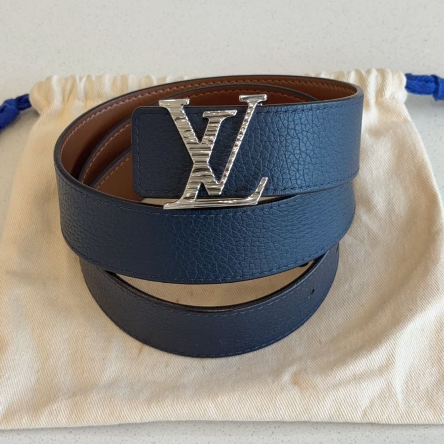 Lv路易威登皮帶深藍色 水波紋銀扣 碼數:85-2