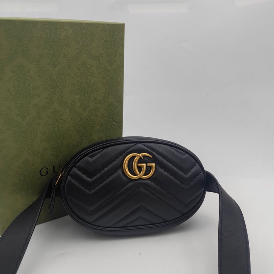 GUCCI 古馳 馬蒙 Marmont 黑色波浪紋牛皮腰包 腰帶75-0
