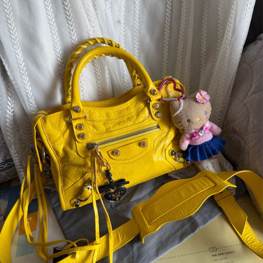 巴黎世家 機車包 黃色 復古包 腋下包 托特包 側背包 balenciaga mini city bag yellow-0