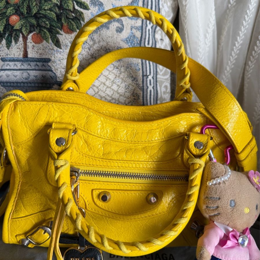 巴黎世家 機車包 黃色 復古包 腋下包 托特包 側背包 balenciaga mini city bag yellow-2