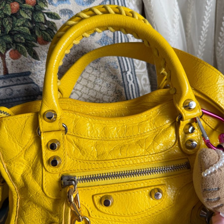巴黎世家 機車包 黃色 復古包 腋下包 托特包 側背包 balenciaga mini city bag yellow-3