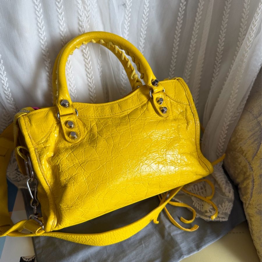 巴黎世家 機車包 黃色 復古包 腋下包 托特包 側背包 balenciaga mini city bag yellow-4