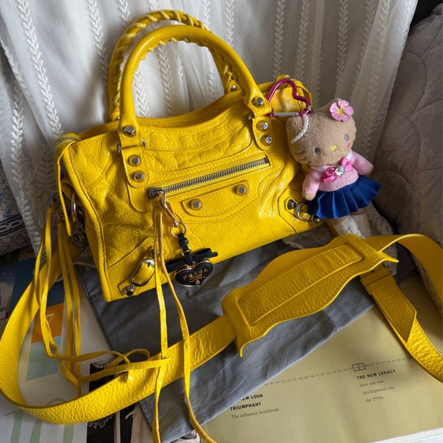 巴黎世家 機車包 黃色 復古包 腋下包 托特包 側背包 balenciaga mini city bag yellow-5