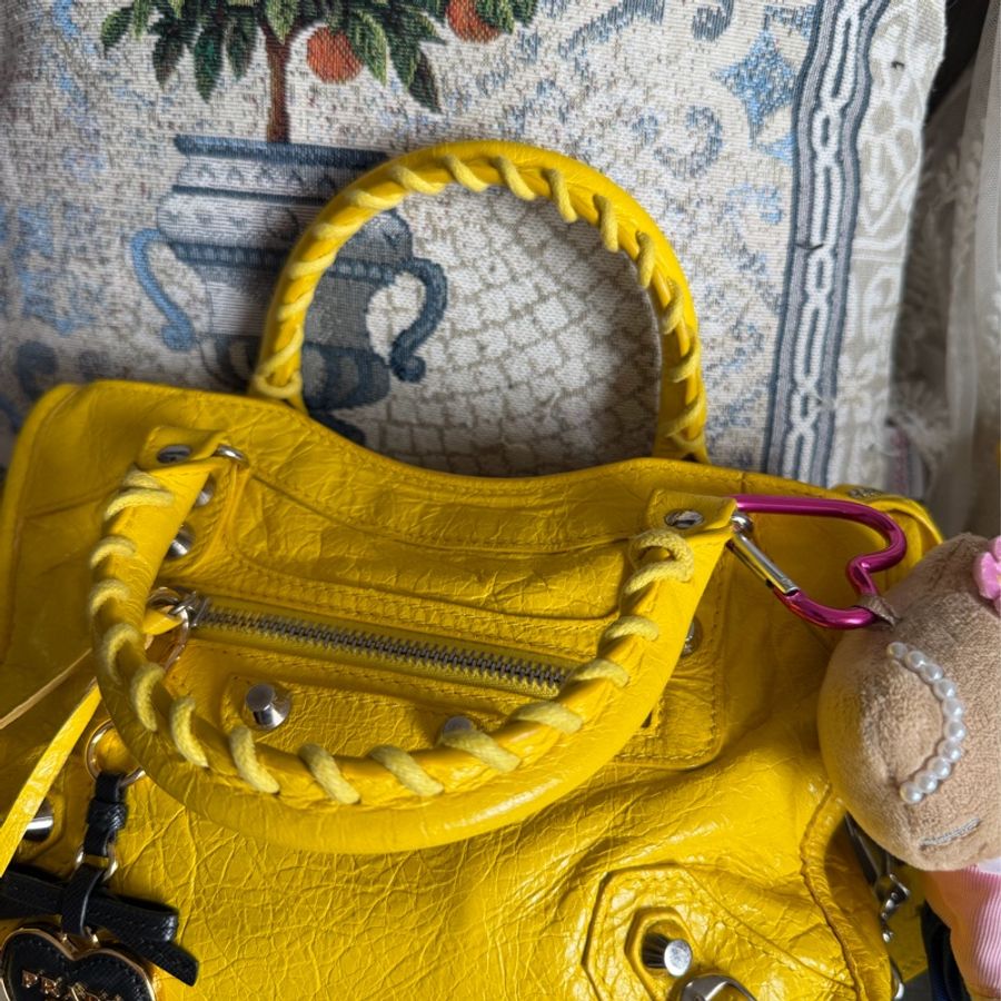 巴黎世家 機車包 黃色 復古包 腋下包 托特包 側背包 balenciaga mini city bag yellow-12