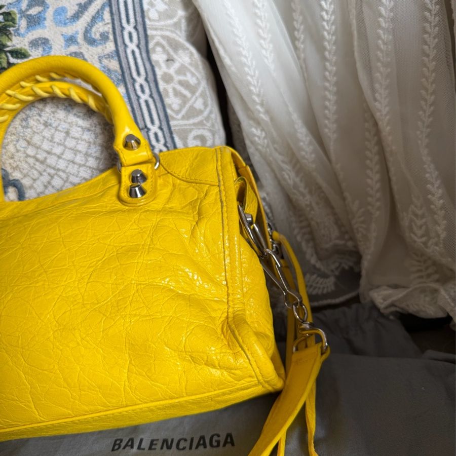巴黎世家 機車包 黃色 復古包 腋下包 托特包 側背包 balenciaga mini city bag yellow-14