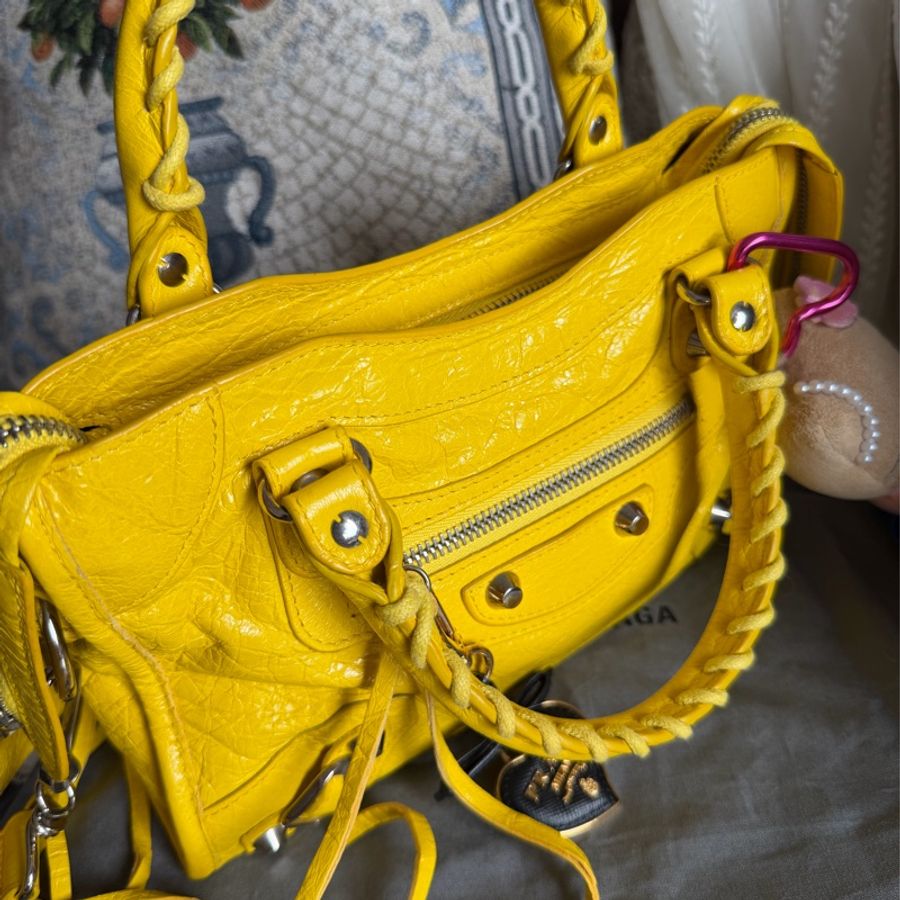 巴黎世家 機車包 黃色 復古包 腋下包 托特包 側背包 balenciaga mini city bag yellow-18