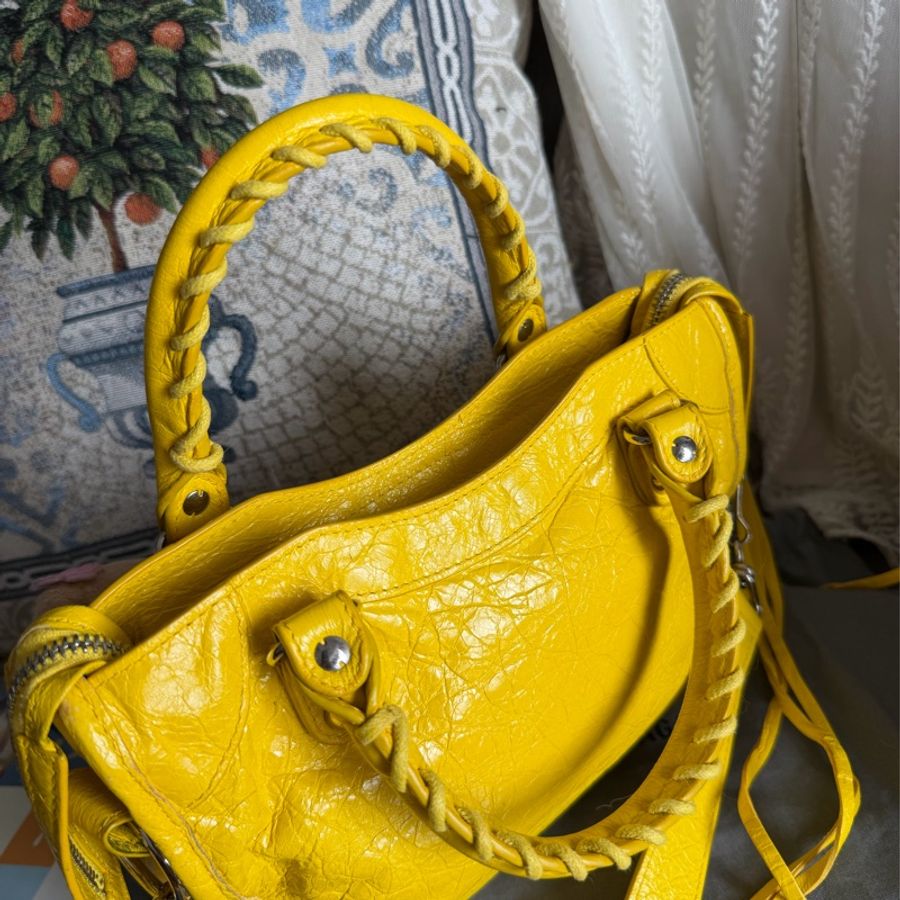 巴黎世家 機車包 黃色 復古包 腋下包 托特包 側背包 balenciaga mini city bag yellow-21
