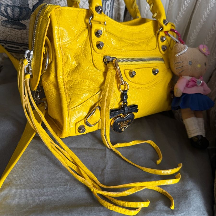 巴黎世家 機車包 黃色 復古包 腋下包 托特包 側背包 balenciaga mini city bag yellow-25