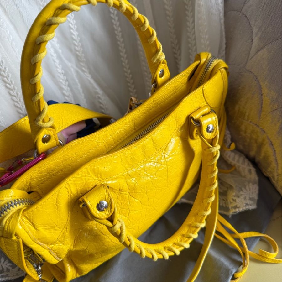 巴黎世家 機車包 黃色 復古包 腋下包 托特包 側背包 balenciaga mini city bag yellow-26