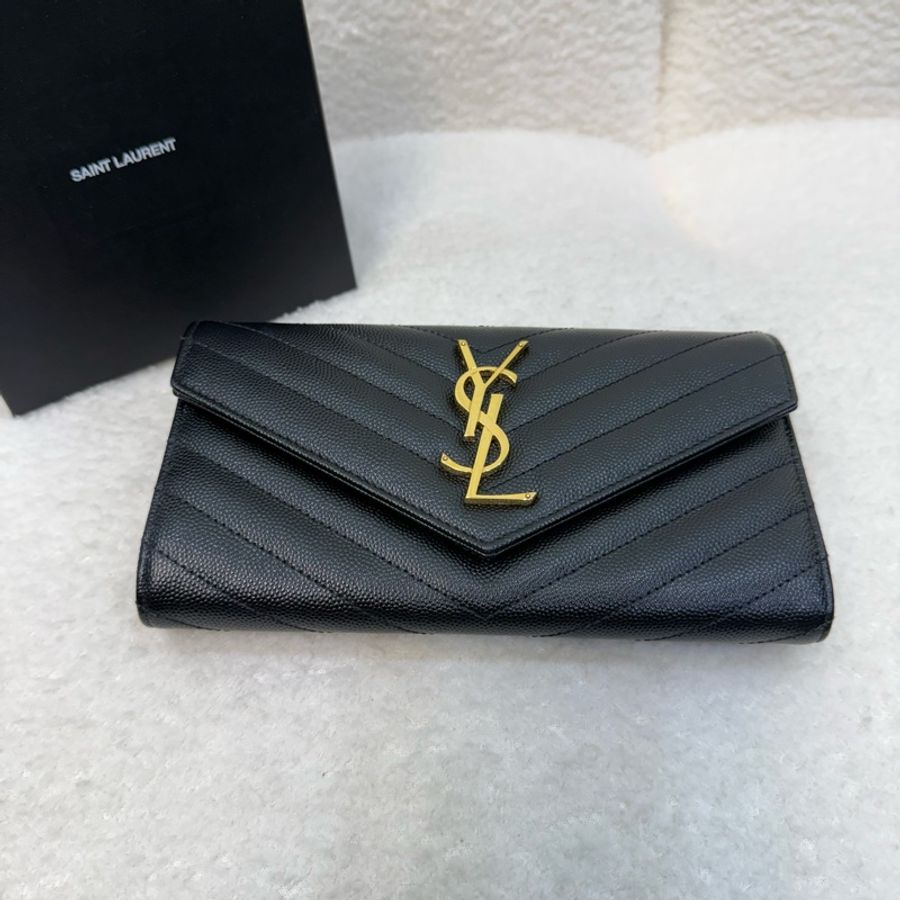 YSL黑荔枝牛皮金釦長夾-0