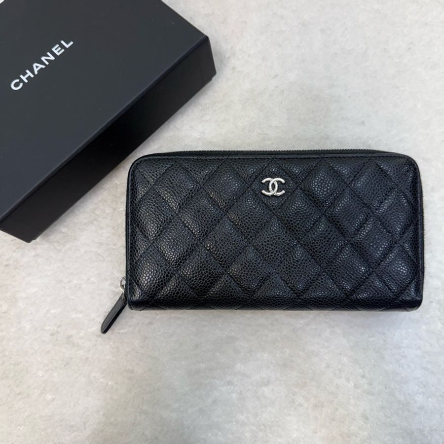 Chanel 黑荔枝銀釦雙c logo長夾-0